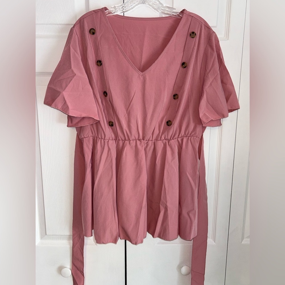 SHEIN Mauve/Rose Flutter Sleeve Blouse with Tie Front
